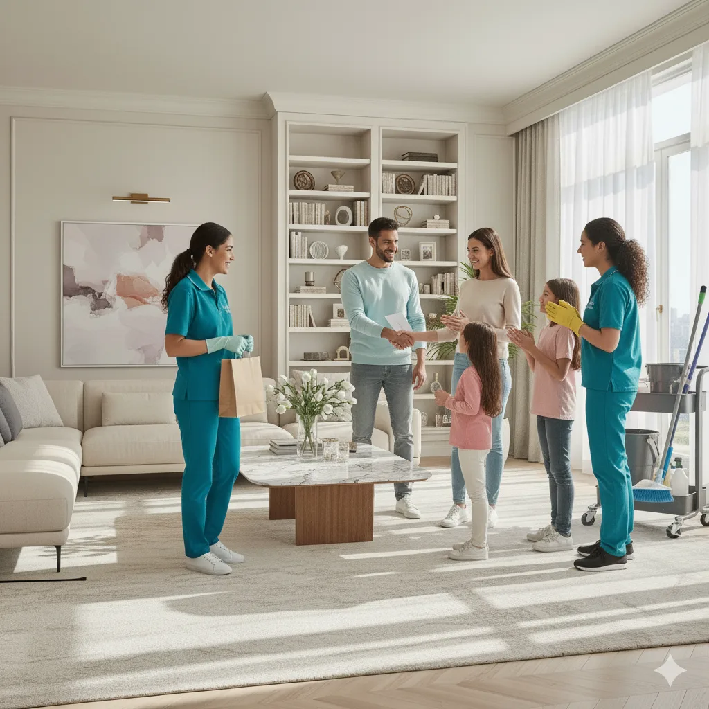 Happy family after professional cleaning